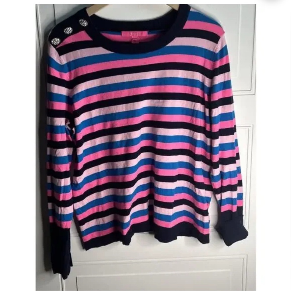 Lilly Pulitzer Striped Pink & Blue Crewneck Sweater with Shoulder Buttons XL - Picture 7 of 7